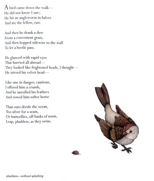 Full text of Dickinson's poem on a white background beside a small bird, who's entranced with a ladybug. 