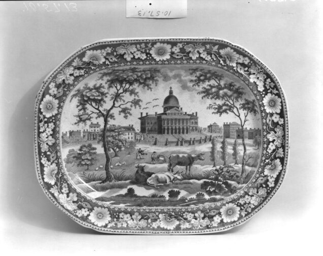 Black and white decorative platter depicting the Boston State House