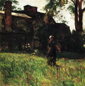 Oil painting by Childe Hassam depicting a woman outside the Old Fairbanks House