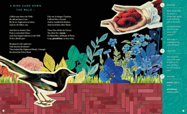 The Illustrated Emily Dickinson’s collage pages feature a large magpie outlined against a black background below a raspberry-filled girl’s hand