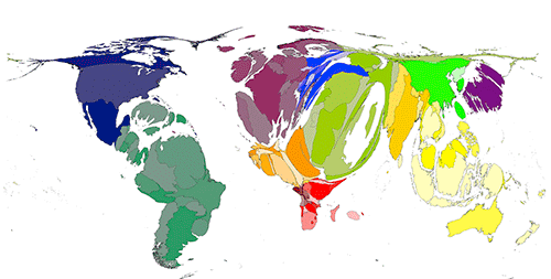 World map of countries resized by number of Twitter mentions (in English) in 2013.