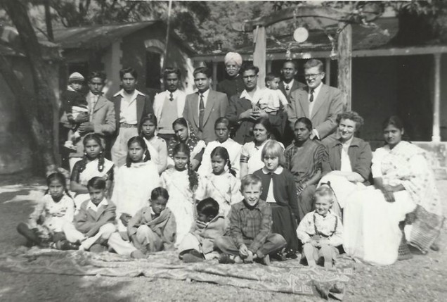 Family and staff gathered outside Study Centre, c1955