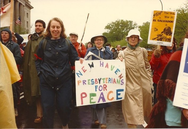 Barry marching on New Haven Green, protesting for peace at the time of the Iran-Contra Affair, c.1986