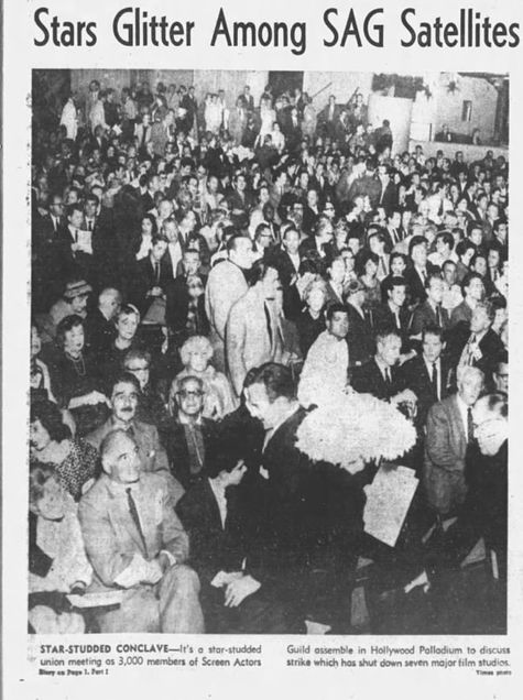 Front page of a 1960 newspaper, the Los Angeles Times, featuring a picture of a crowd of people and the headline "Stars Glitter Among SAG Satellites" 