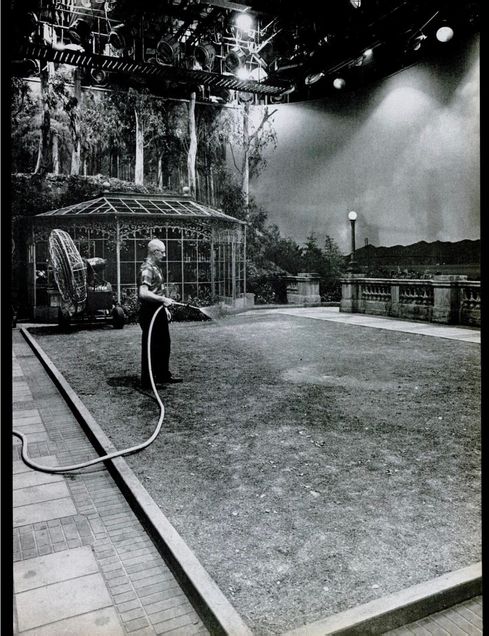 B&W image from Life magazine of man watering grass in front of a home (sets on a studio lot)