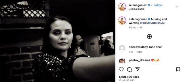 Photo of a woman (Selena Gomez) in a sparkly dress taking a selfie. On the side are instagram text from the original post and comments. Post text: "wanting @onlymurdershulu." Comment below: "Tone deaf."