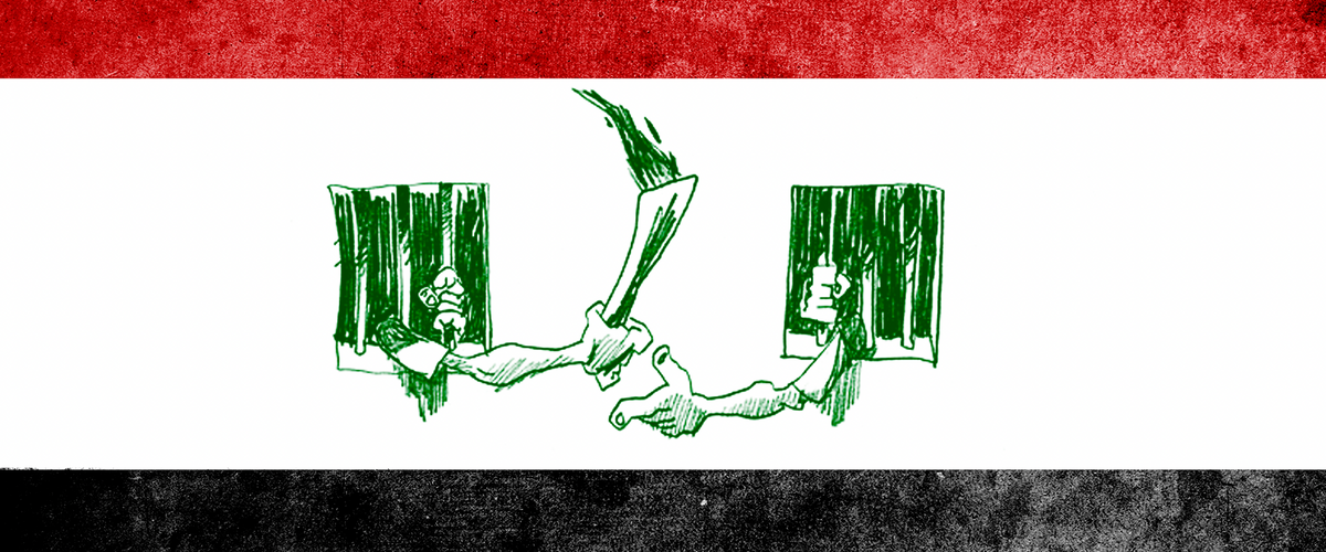 A recreation of the Syrian flag. Drawing of two hands passing fire to each other through prison window bars.