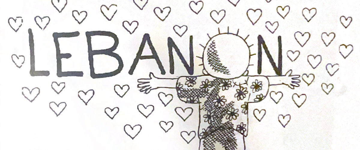 A drawing of the character Handala wearing flowery shirt hugging the word Lebanon while surrounded by hearts.