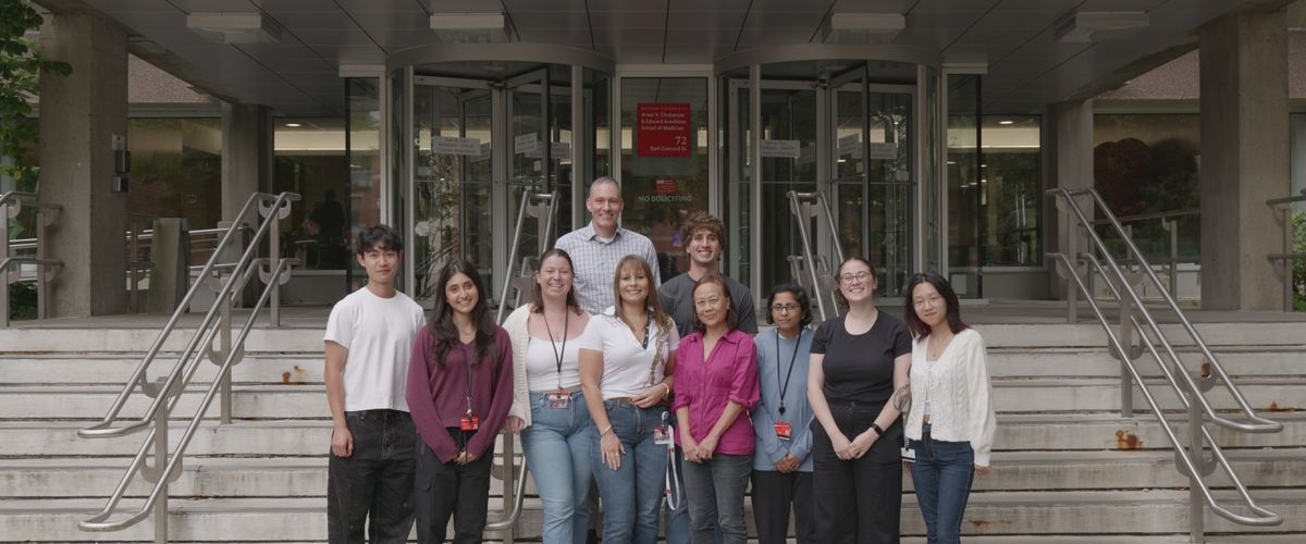 Bosmann lab pictured in front of BU CAMED L Building entrance