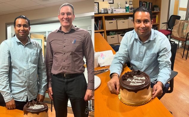 Photo (left, right): Dr. Arjun Sharma and Prof. Markus Bosmann, Arjun with celebration cake