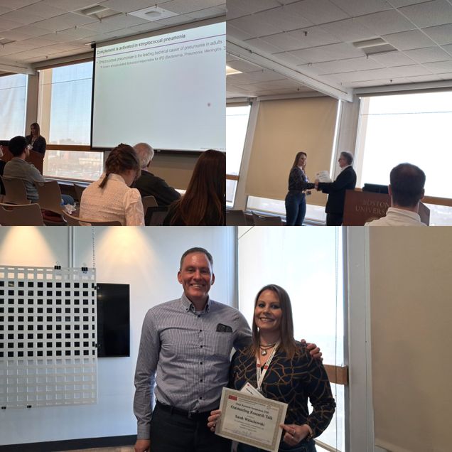 Photo of Dr. Sarah Walachowski presenting her research talk on the complement and pneumonia at BU GMS Research Symposium 2026 (top left), receiving the best talk award from GMS Associate Dean Jamie McKnight (top right), and with her award certificate with Prof. Markus Bosmann (bottom).