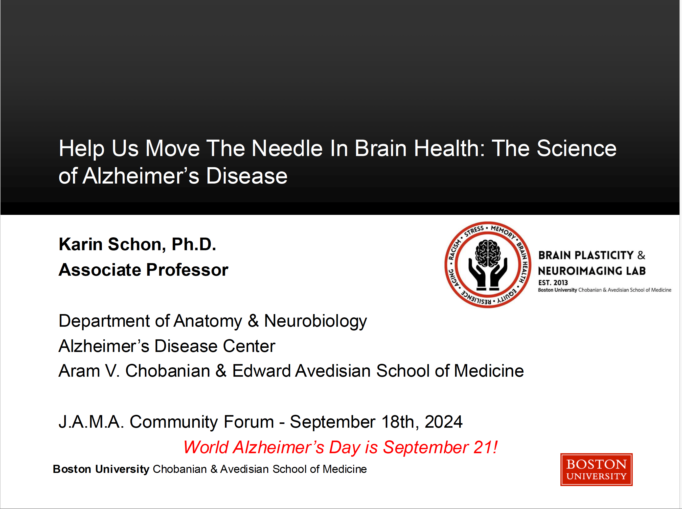 Slideshow of Dr. Schon's presentation on "What is Alzheimer's Disease?"