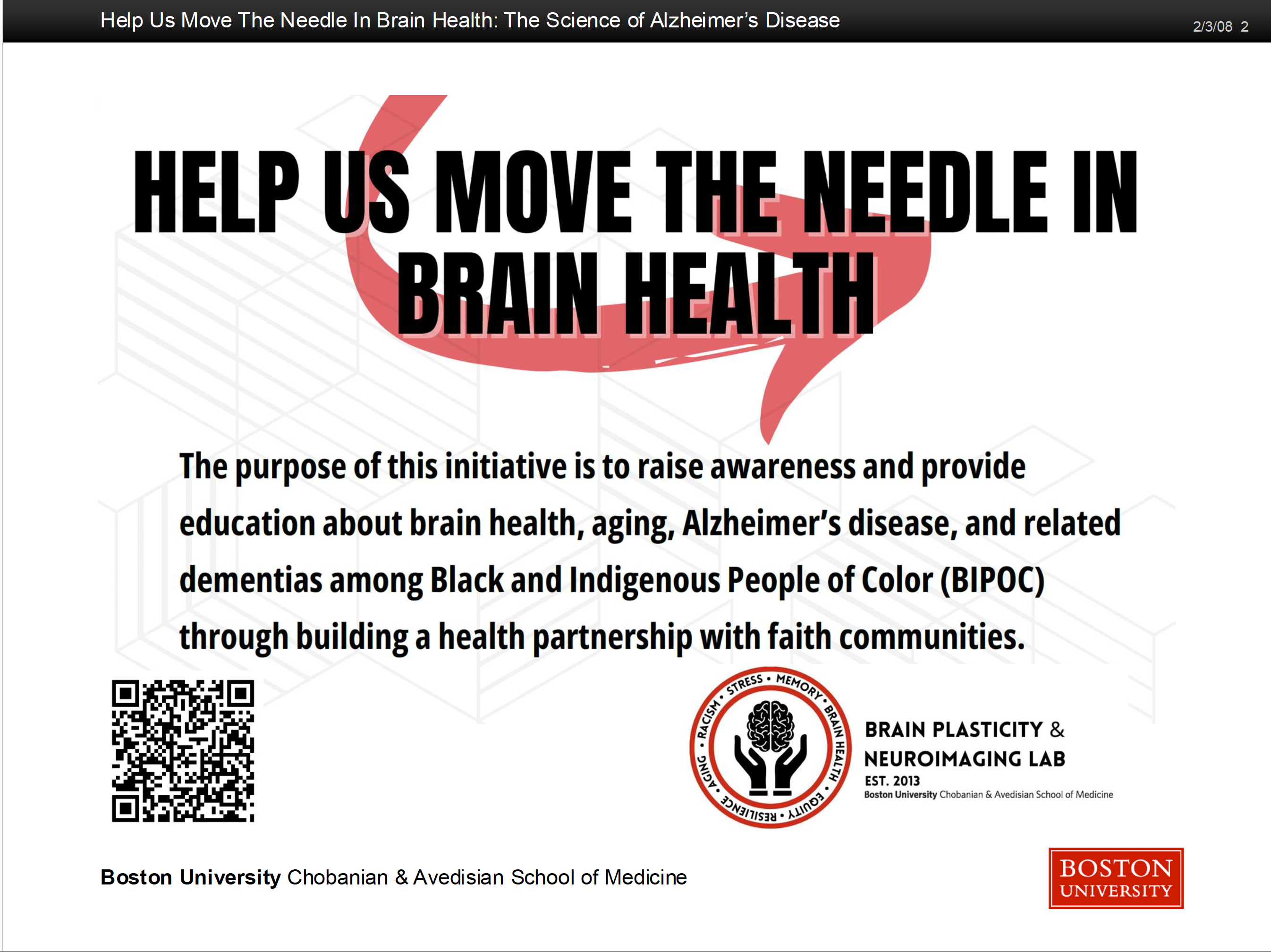 Slide 2 of Dr. Schon's presentation on "What is Alzheimer's Disease?" introducing the "Help Us Move the Needle in Brain Health Campaign"