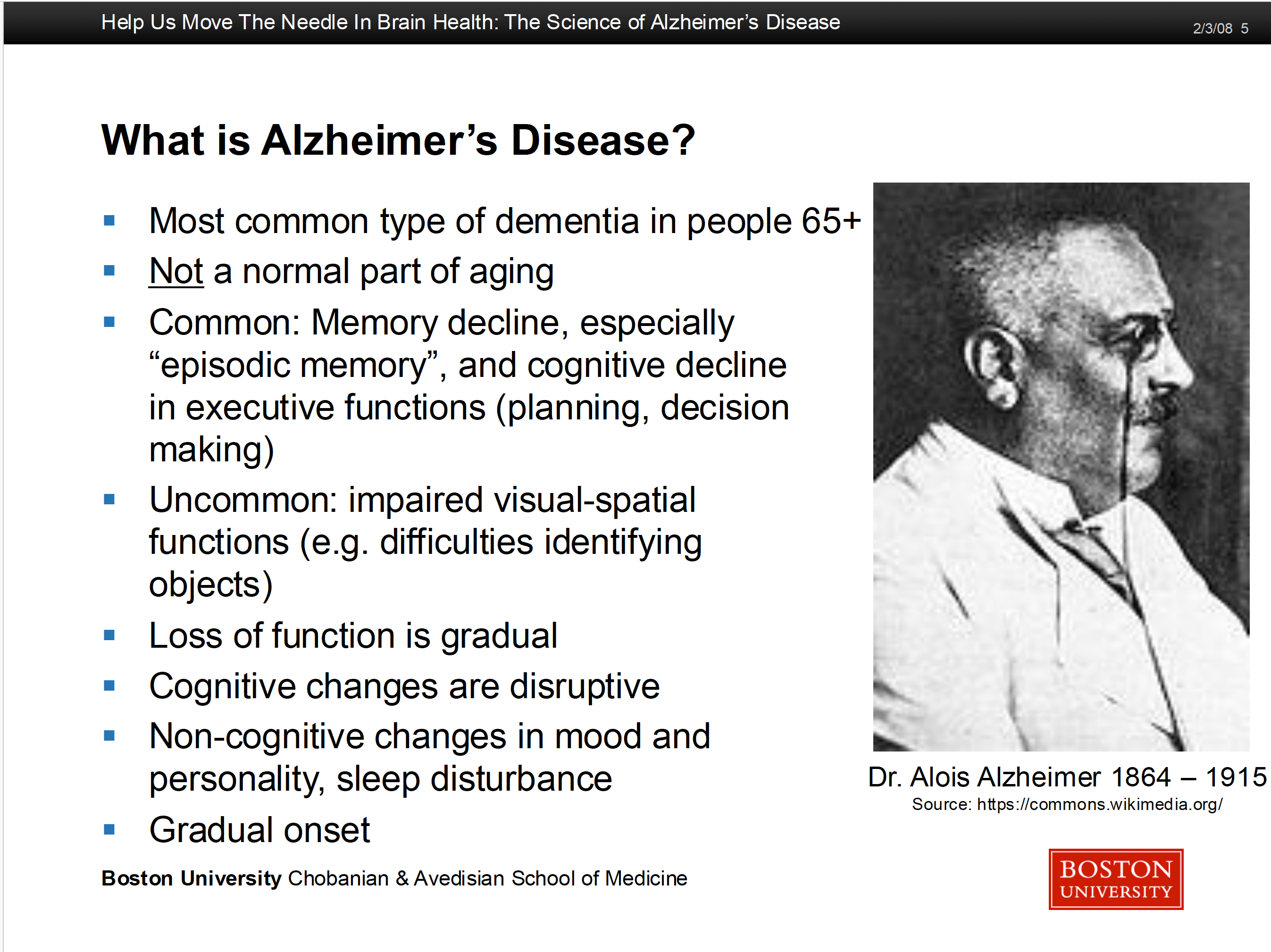 Slide 5 detailing history and discovery of Alzheimer's Disease by Dr. Alois Alzheimer's