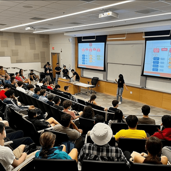Group meeting with members watching a club leadership presentation
