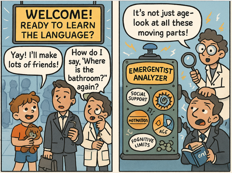 AI generated comic about C-H's article "Age effects in second language acquisition: Expanding the emergentist account"