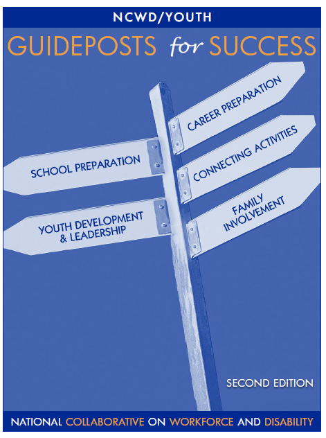 First page of booklet, features a street sign post with arrow signs labeled with different aspects of career development