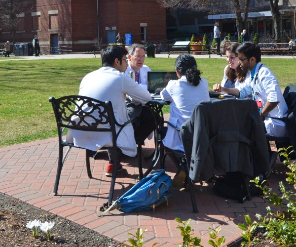 Doctors talking outside at Boston University