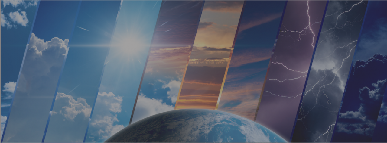 Panels of different climate scenarios in the sky.