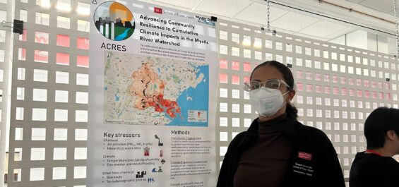 Muskaan Khemani in front of a poster titled 'Advancing Community Resilience to Cumulative Impacts in the Mystic River Watershed' at the 2023 ISES conference.