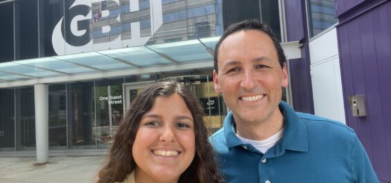 Dr. Greg Wellenius and Mariangelí Echevarría-Ramos of the Mystic River Watershed Association pose for a picture in front of WGBH's Boston Public Radio building.