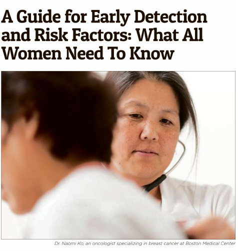 Headline: "A Guide for Early Detection and Risk Factors: What All Women Need to Know". A picture of Naomi Ko using a stethoscope with a patient.