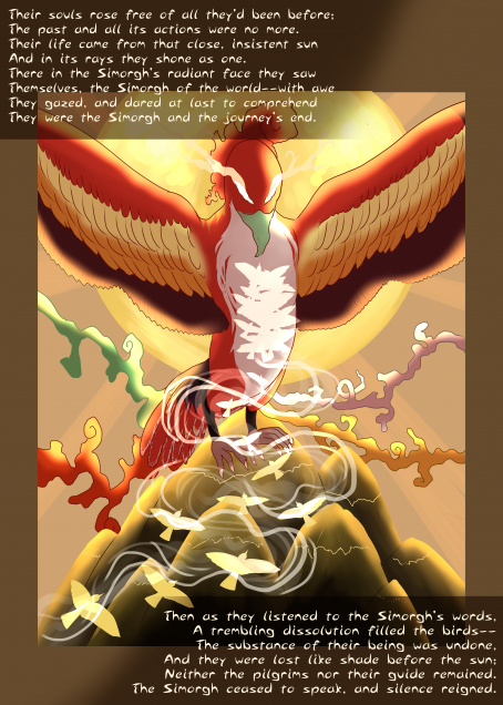 the thirty birds fly into the core of the Simorgh and become one with Him as the sun shines behind Him and the mountains