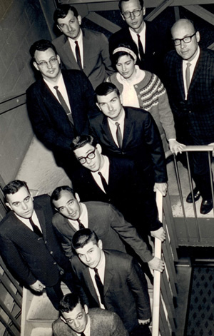 The CRC research team in 1965. Students: Front row, Robert Holz (’65, GRS’68); second row, John Walkley (’68); third row, Jack Levin (’65, GRS’68) and John Corrozi (’66); fourth row, Jeffrey Goldstein (’66); fifth row, Robert Ernest (’65,’66). Sixth row (from left): Professor Earl Barcus, secretary Linda Goldberg and chairman Edward J. Robinson (GRS’50, ’53). Back row: Professors Ralph Rosnow and Fred Powell. Photo courtesy of Ralph Rosnow.