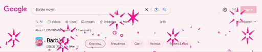 Google search bar with 'Barbie movie' as the search term.