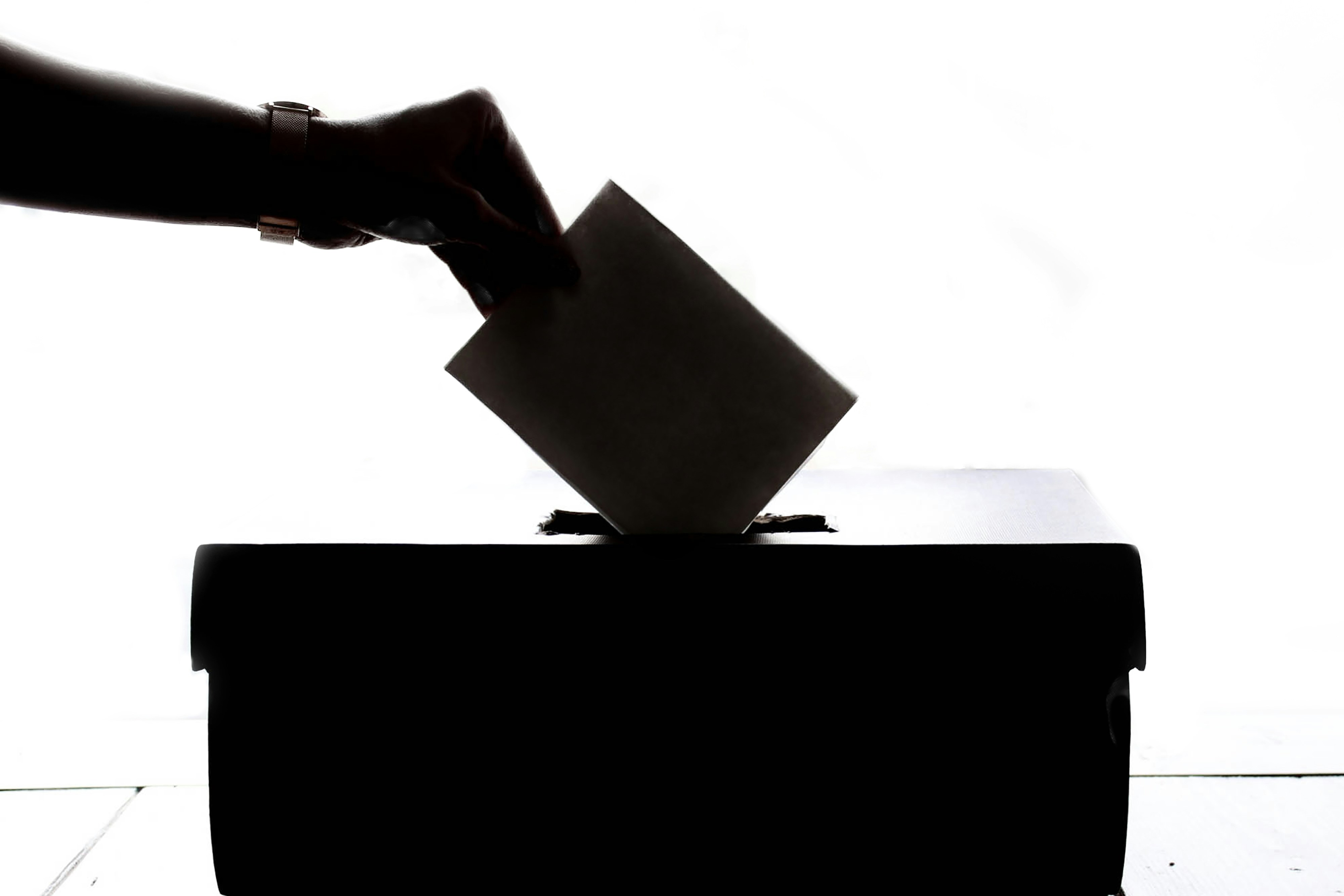 Black and white photo of a hand dropping a ballot into a ballot box.