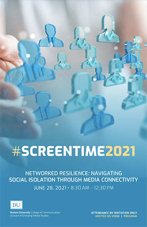 Cover of #Screentime2021 program. Stock illustration of light blue, three-dimensional, faceless avatars for people.