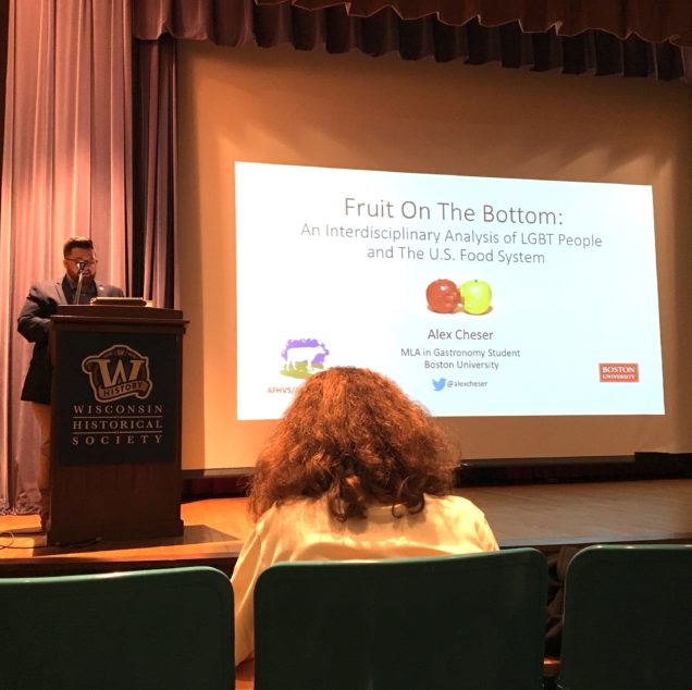 Alex Cheser presents he paper "Fruit on the Bottom: An Interdisciplinary Analysis of LGBT People and the U.S. Food System" as part of a panel on Redefining "Good Food" in the 20th and 21st Centuries