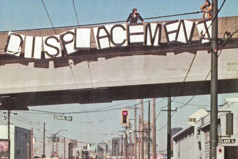Signs with Letters Spelling Out Displacement in Vancouver, Canada