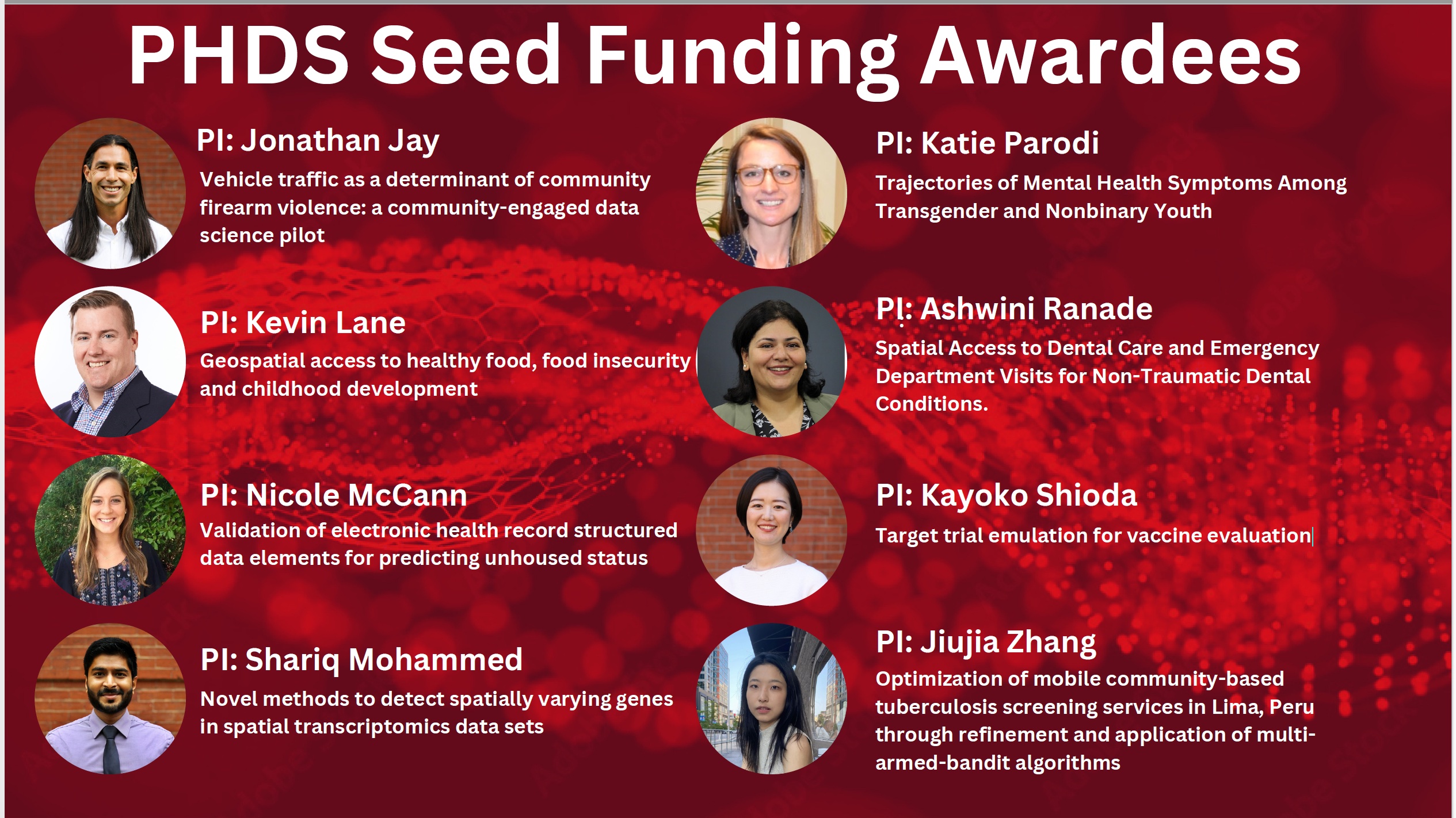 Names, headshots & project descriptions of PHDS SEED funding awardees