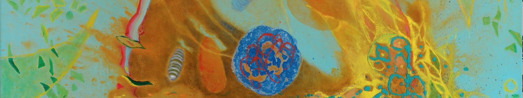 Working with cancer biologist Dhruba Deb, artist Caroline Ometz explored cancer’s effects on cells, including in this painting, Order to Chaos, which depicts a healthy cell (center) being attacked by a yellow cancer-shaped cell. (https://www.pnas.org/content/115/5/826#:~:text=Download%20figure)