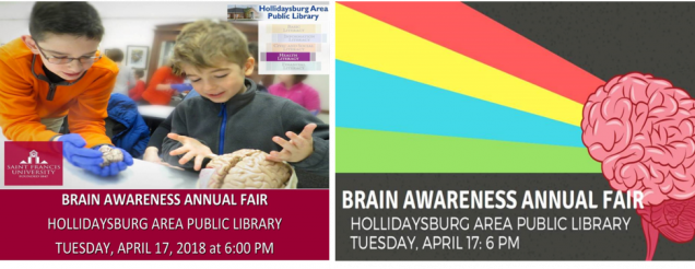 Event ads for a "Brain Awareness Annual Fair." The image on the left shows two young boys looking at a model of a brain and holding a brain. The image on the right shows red, yellow, teal, and green rays radiating out of a drawing of a brain.