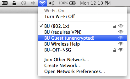 From the WiFi list of your operating system, choose BU Guest (unencrypted) 