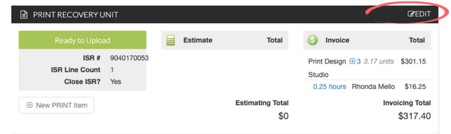 Screenshot of the project recovery screen. A red circle surrounds the "edit" button in the top right.