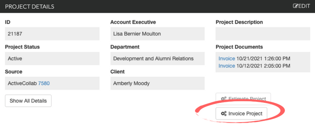 Screenshot of CS Billing. Red Circle surounds the invoice button placed in the bottom right corner of the project details section