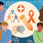 An illustrated graphic promoting health and community support. The central circular design features icons such as a medical cross, a ribbon symbolizing awareness, silhouettes of people, and speech bubbles. Surrounding the circle are diverse, smiling couples embracing, set against a blue background with subtle medical-themed patterns, including bacteria and molecules.