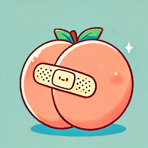  A cartoon peach with a bandage on its side, symbolizing healing or care.