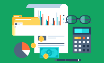 This image is a flat design illustration featuring financial and business-related elements. It includes a document with bar charts and text, a calculator, a pair of glasses, a pen, a pie chart, yellow file folders, a dollar bill, and coins. The background is green, and the elements suggest themes of finance, accounting, or data analysis.