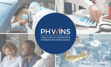 Collage of public health workers including COVID-19 testing, data analysis, lab research, and team discussion, surrounding the PH WINS logo with text reading ‘Public Health Workforce Interests and Needs Survey.