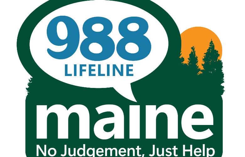 988 Lifeline Maine logo with a speech bubble reading ‘988 Lifeline,’ the word ‘maine,’ and the tagline ‘No Judgement, Just Help,’ set against a dark green background with trees and a sun.
