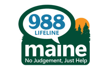 988 Lifeline Maine logo with a speech bubble reading ‘988 Lifeline,’ the word ‘maine,’ and the tagline ‘No Judgement, Just Help,’ set against a dark green background with trees and a sun.