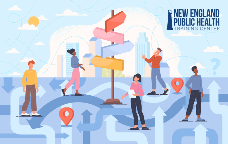 Illustration of diverse people standing among directional arrows and location pins, with a signpost at the center and the New England Public Health Training Center logo