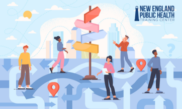 Illustration of diverse people standing among directional arrows and location pins, with a signpost at the center and the New England Public Health Training Center logo