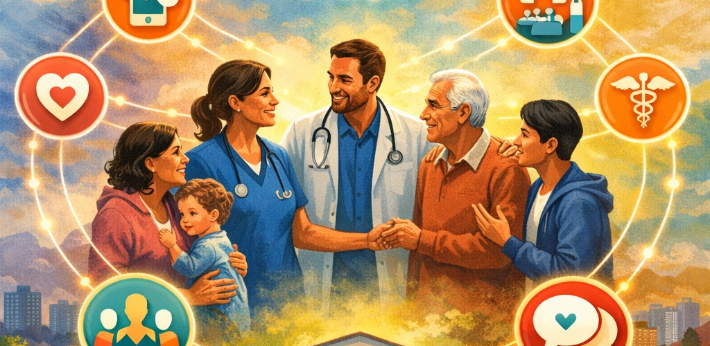 Illustrated poster titled “Connections and Belonging in Health: Primary Care Influencers,” showing diverse patients and healthcare providers smiling and shaking hands in a community setting, surrounded by connected health-related icons (heart, medical symbols, phone, chat bubbles), with scenes of group discussion and a virtual visit in the foreground.