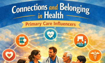 Illustrated poster titled “Connections and Belonging in Health: Primary Care Influencers,” showing diverse patients and healthcare providers smiling and shaking hands in a community setting, surrounded by connected health-related icons (heart, medical symbols, phone, chat bubbles), with scenes of group discussion and a virtual visit in the foreground.