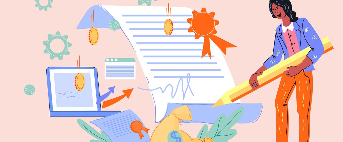 Profitable contract signing and electronic signature concept with business woman cartoon character writing her signature on giand document. Cartoon vector illustration.